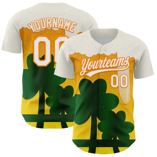 Custom White Bay Orange-Green 3D St. Patrick's Day Shamrock Beer Authentic Baseball Jersey - Main View