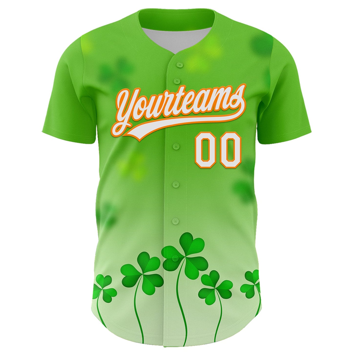 Custom Green White-Bay Orange 3D St. Patrick's Day Shamrock Authentic Baseball Jersey view 2