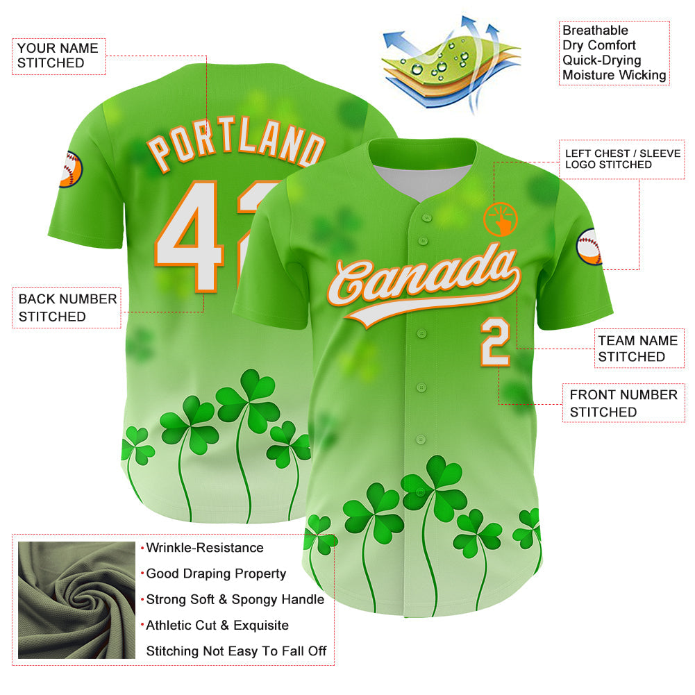 Custom Green White-Bay Orange 3D St. Patrick's Day Shamrock Authentic Baseball Jersey view 3