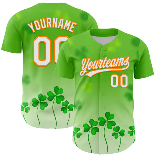 Custom Green White-Bay Orange 3D St. Patrick's Day Shamrock Authentic Baseball Jersey - Main View