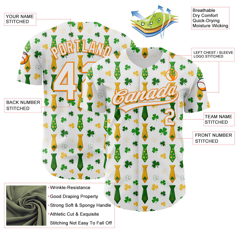 Custom White Bay Orange-Green 3D St. Patrick's Day Shamrock Authentic Baseball Jersey view 3