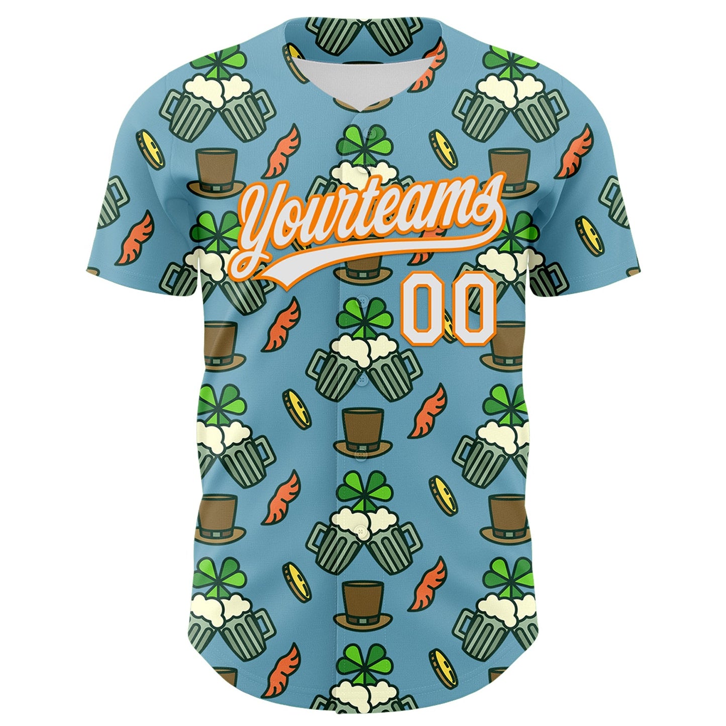 Custom Shadow Blue White-Bay Orange 3D St. Patrick's Day Shamrock Beer Authentic Baseball Jersey view 2