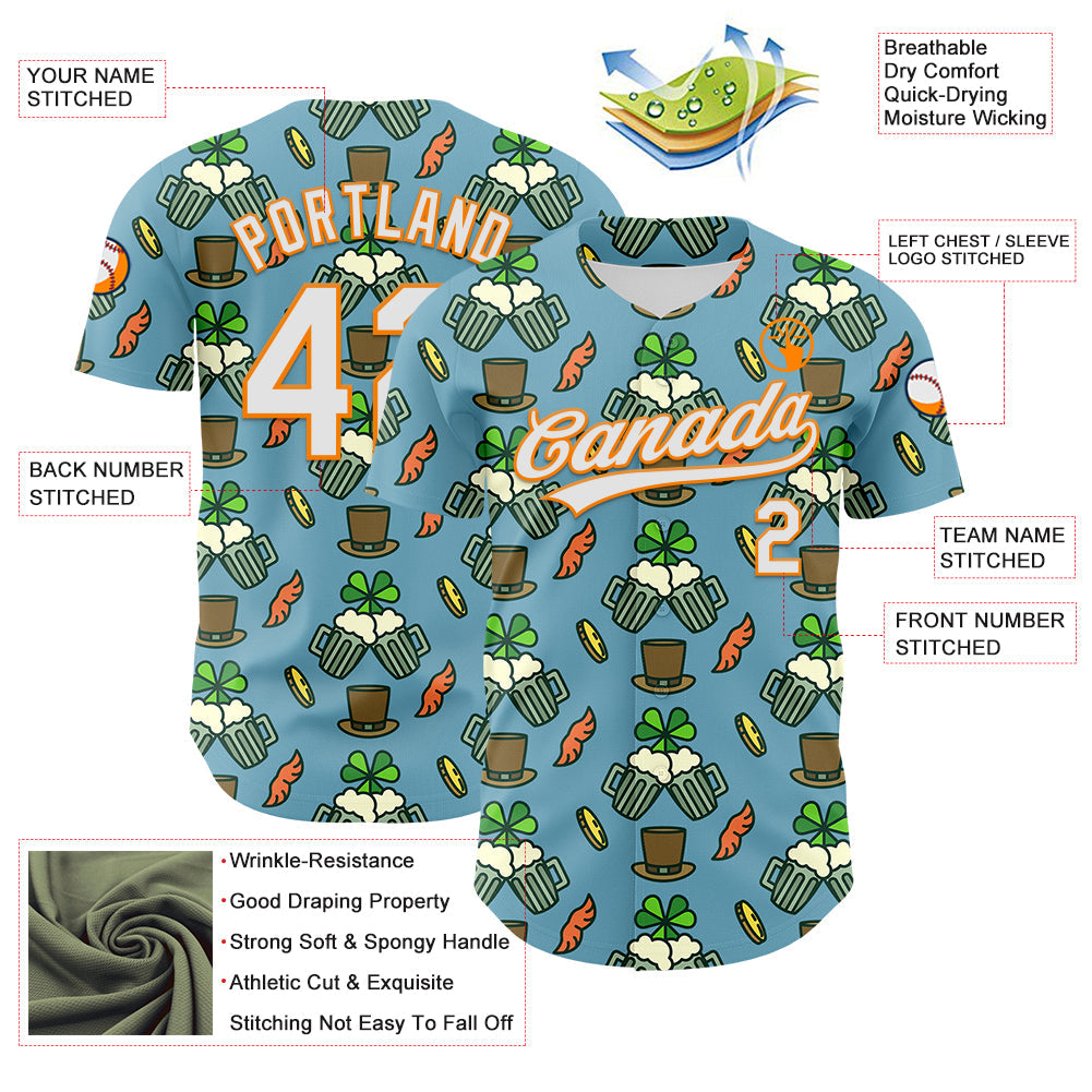 Custom Shadow Blue White-Bay Orange 3D St. Patrick's Day Shamrock Beer Authentic Baseball Jersey view 3