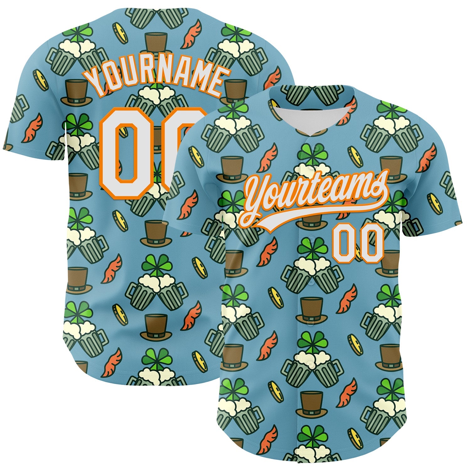 Custom Shadow Blue White-Bay Orange 3D St. Patrick's Day Shamrock Beer Authentic Baseball Jersey - Main View