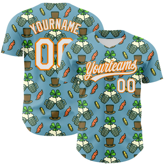 Custom Shadow Blue White-Bay Orange 3D St. Patrick's Day Shamrock Beer Authentic Baseball Jersey - Main View