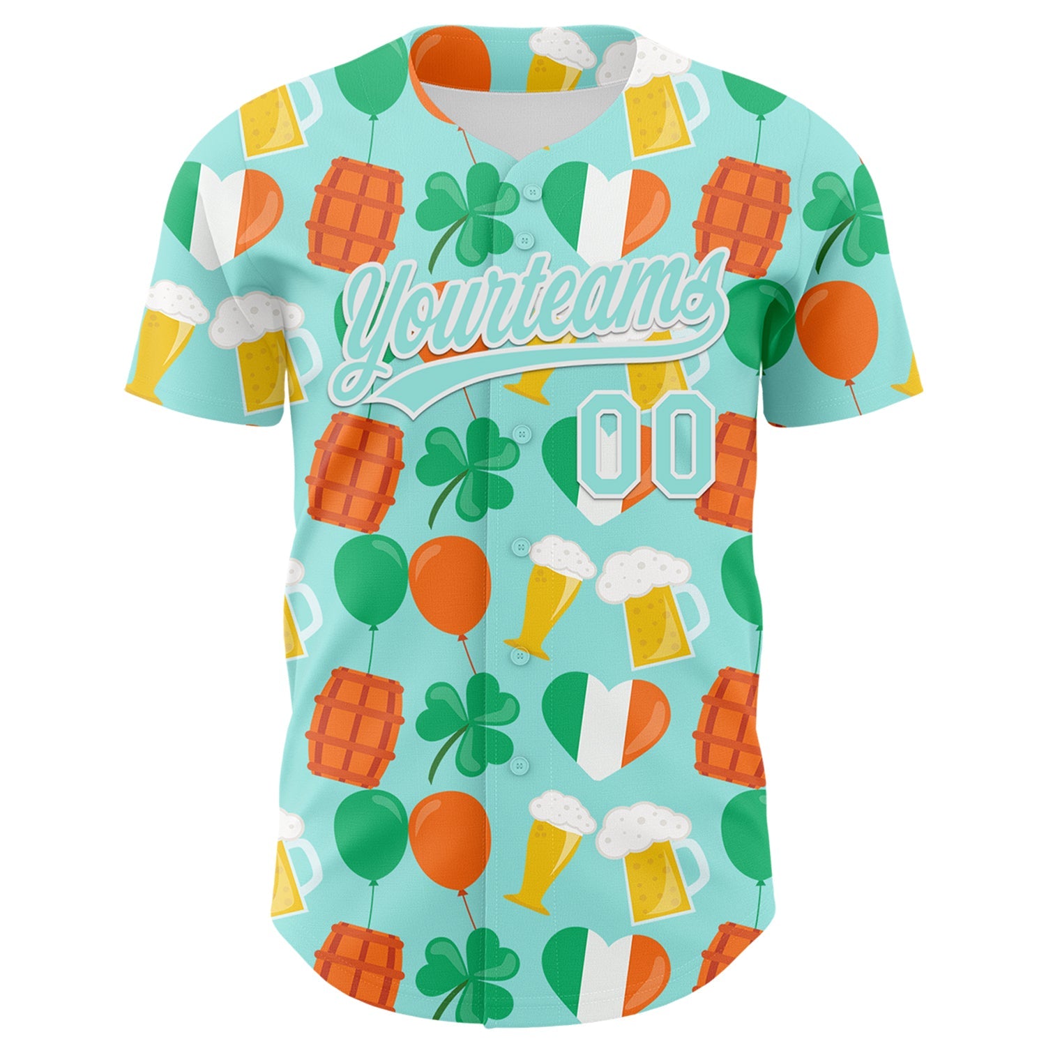 Custom Ice Blue White-Green 3D St. Patrick's Day Shamrock Beer Authentic Baseball Jersey view 2