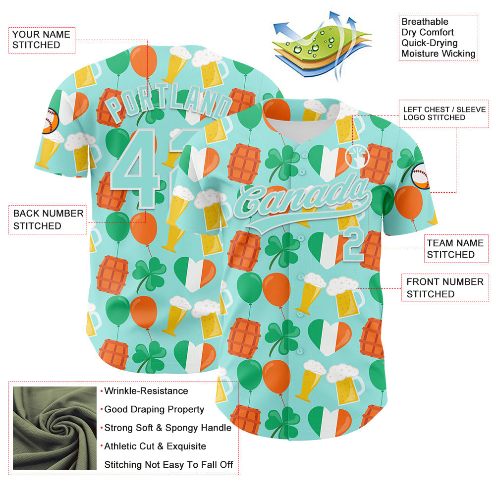 Custom Ice Blue White-Green 3D St. Patrick's Day Shamrock Beer Authentic Baseball Jersey view 3