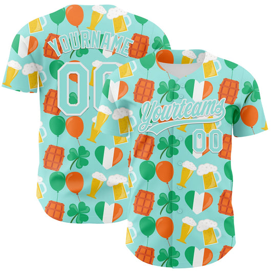 Custom Ice Blue White-Green 3D St. Patrick's Day Shamrock Beer Authentic Baseball Jersey - Main View