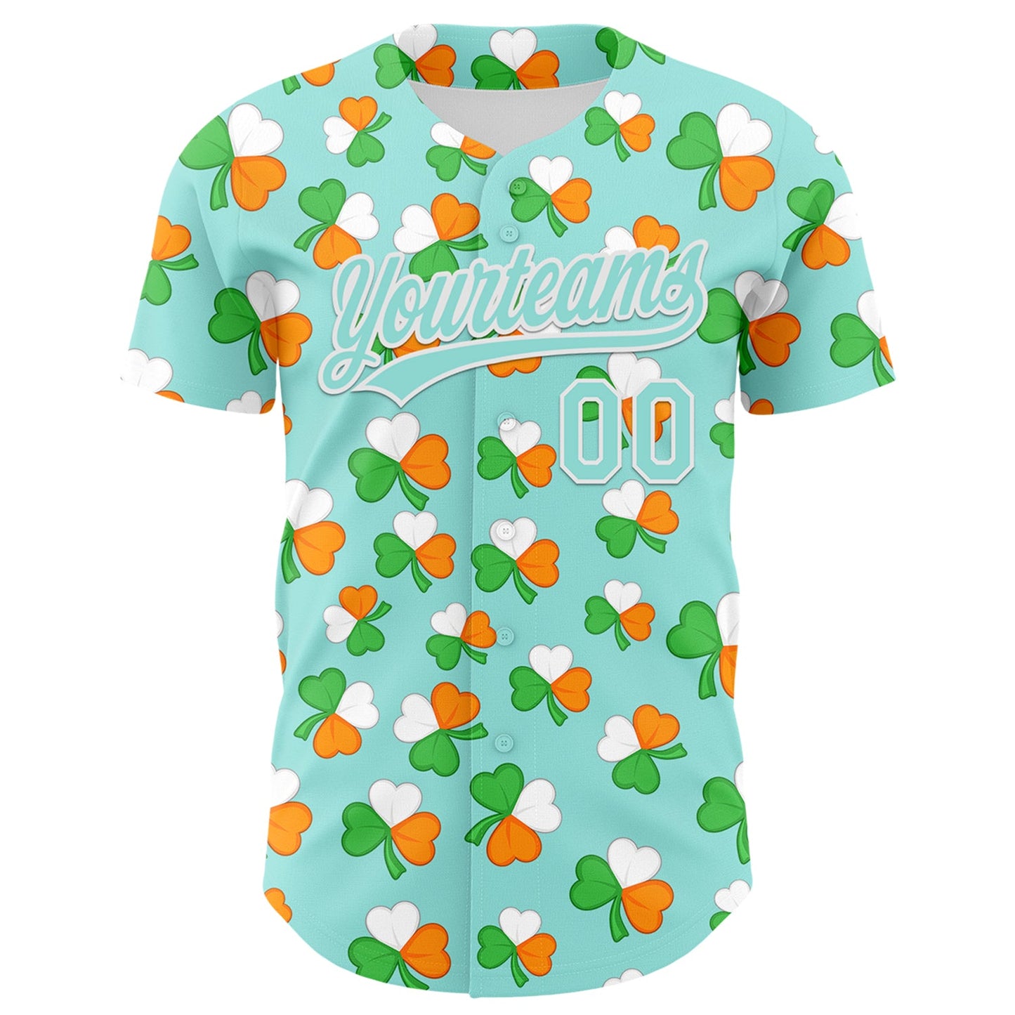 Custom Ice Blue Green-Bay Orange 3D St. Patrick's Day Shamrock Authentic Baseball Jersey view 2