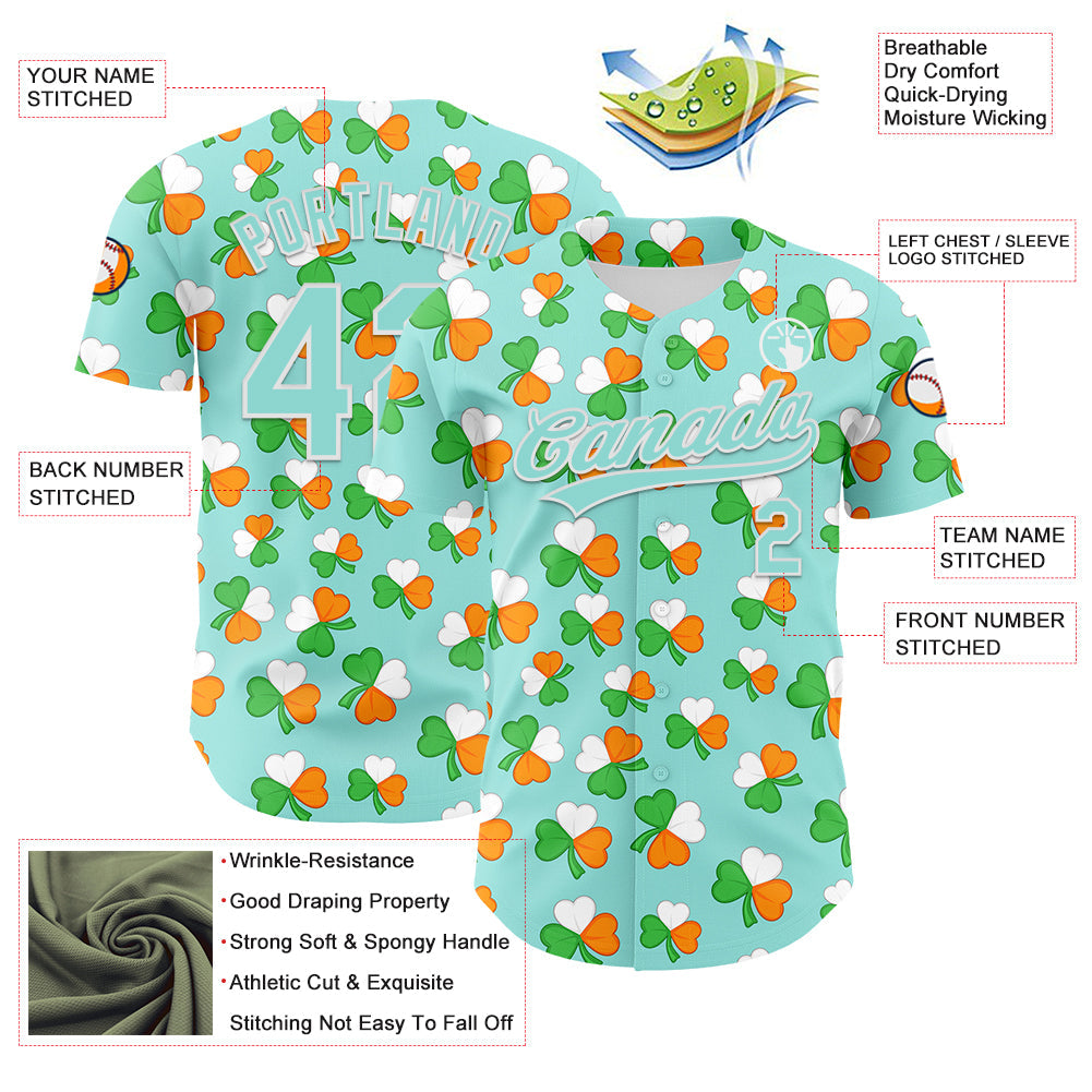 Custom Ice Blue Green-Bay Orange 3D St. Patrick's Day Shamrock Authentic Baseball Jersey view 3