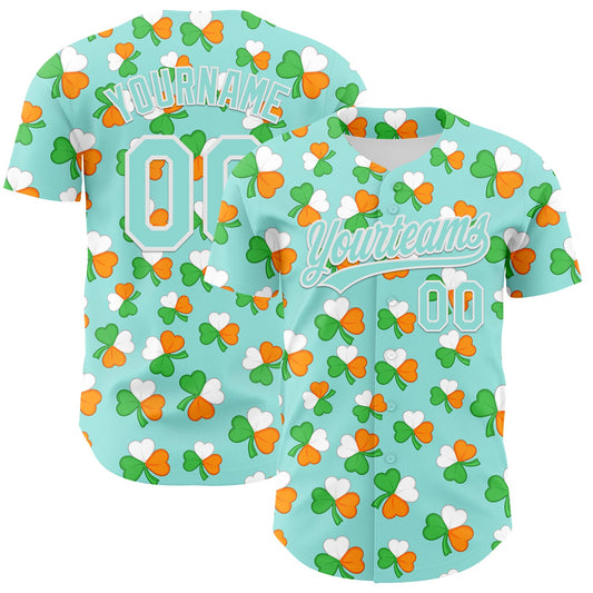 Custom Ice Blue Green-Bay Orange 3D St. Patrick's Day Shamrock Authentic Baseball Jersey - Main View