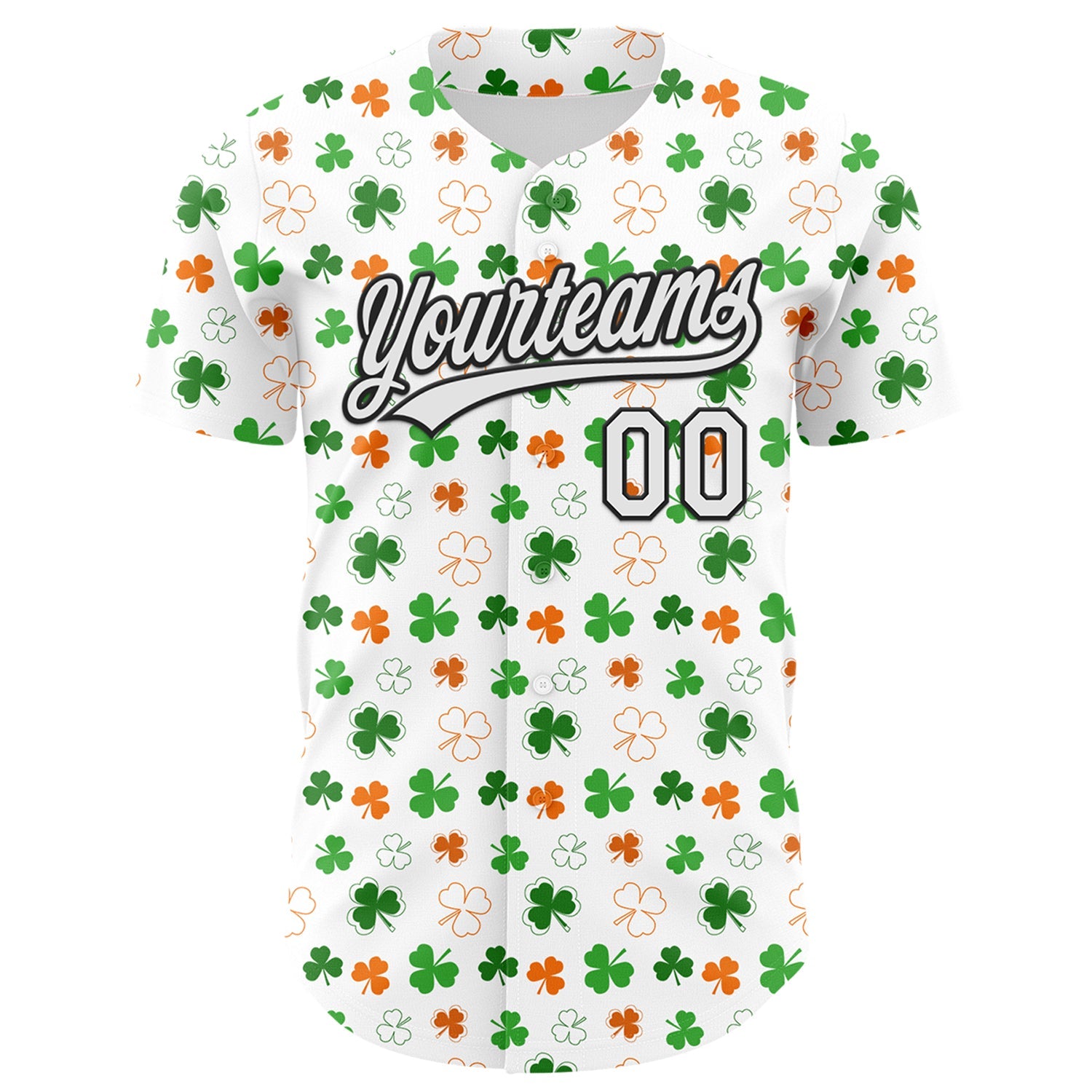 Custom White Black Green-Bay Orange 3D St. Patrick's Day Shamrock Authentic Baseball Jersey view 2