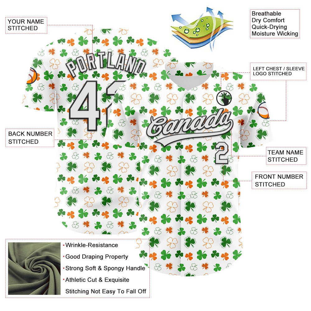 Custom White Black Green-Bay Orange 3D St. Patrick's Day Shamrock Authentic Baseball Jersey view 3