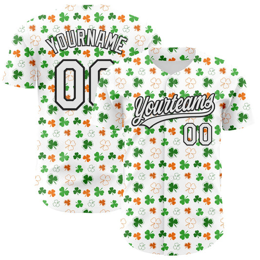 Custom White Black Green-Bay Orange 3D St. Patrick's Day Shamrock Authentic Baseball Jersey - Main View