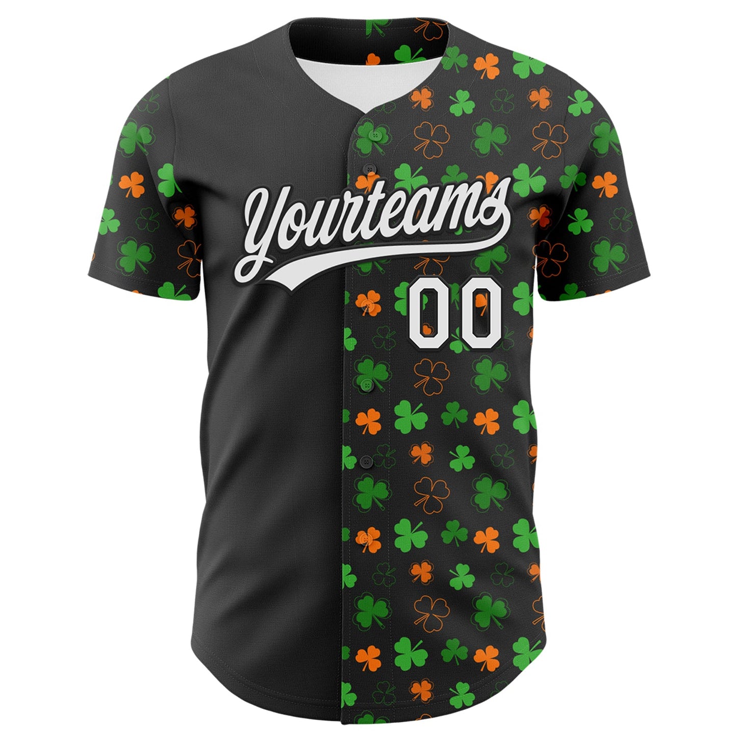 Custom Black Green-Bay Orange 3D St. Patrick's Day Shamrock Authentic Baseball Jersey view 2