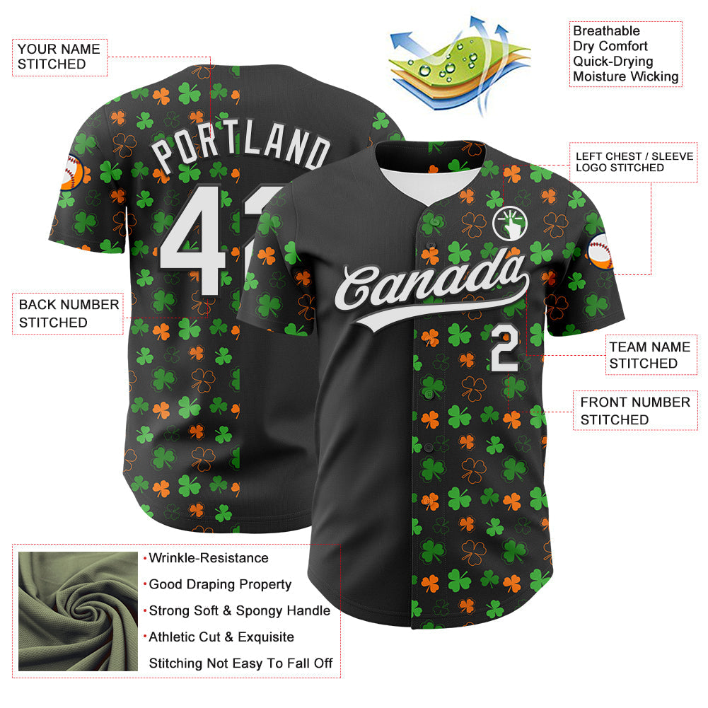 Custom Black Green-Bay Orange 3D St. Patrick's Day Shamrock Authentic Baseball Jersey view 3