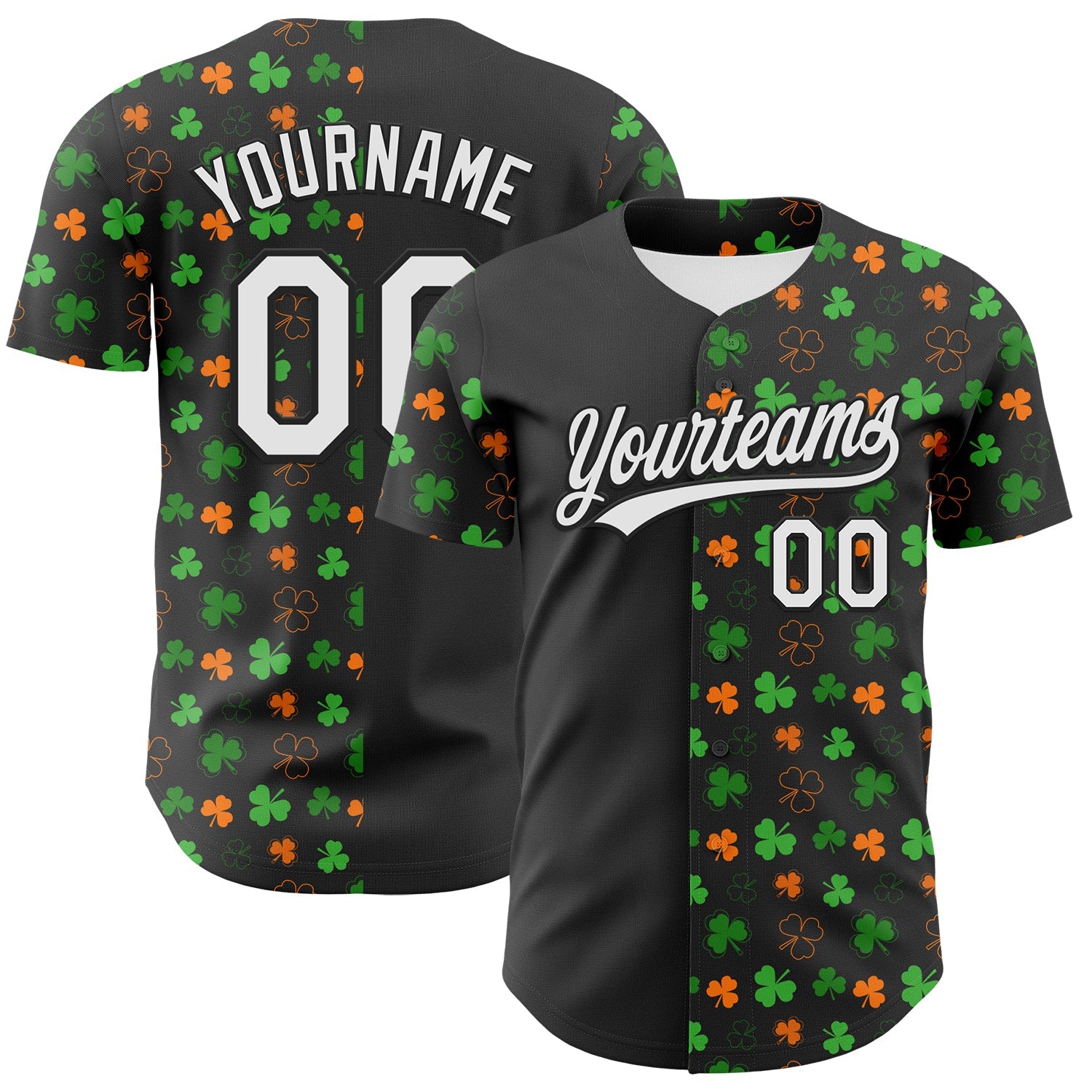 Custom Black Green-Bay Orange 3D St. Patrick's Day Shamrock Authentic Baseball Jersey - Main View