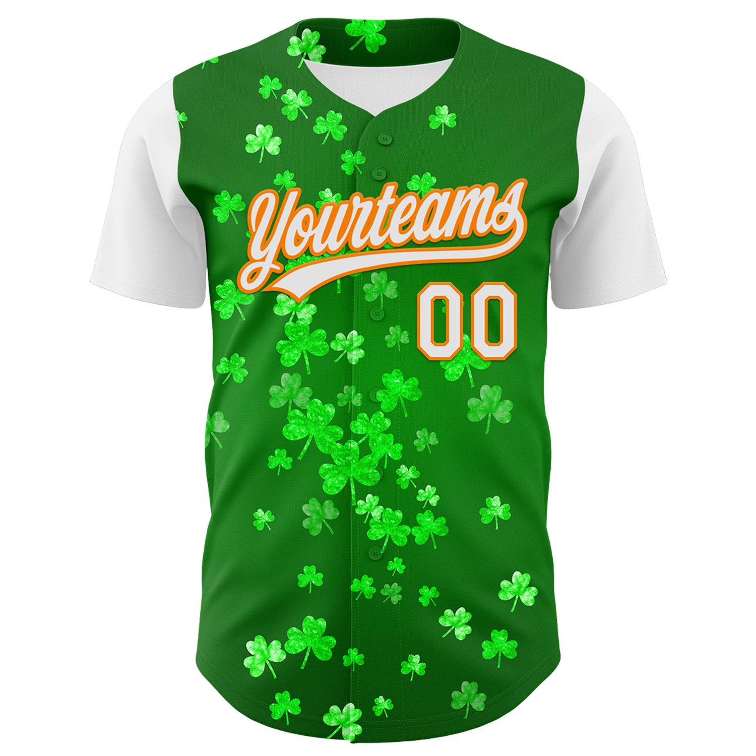 Custom Green White-Bay Orange 3D St. Patrick's Day Shamrock Authentic Baseball Jersey view 2