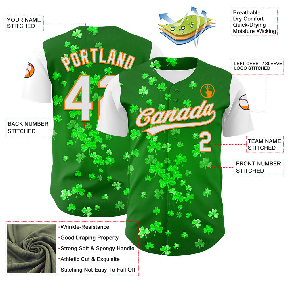 Custom Green White-Bay Orange 3D St. Patrick's Day Shamrock Authentic Baseball Jersey view 3