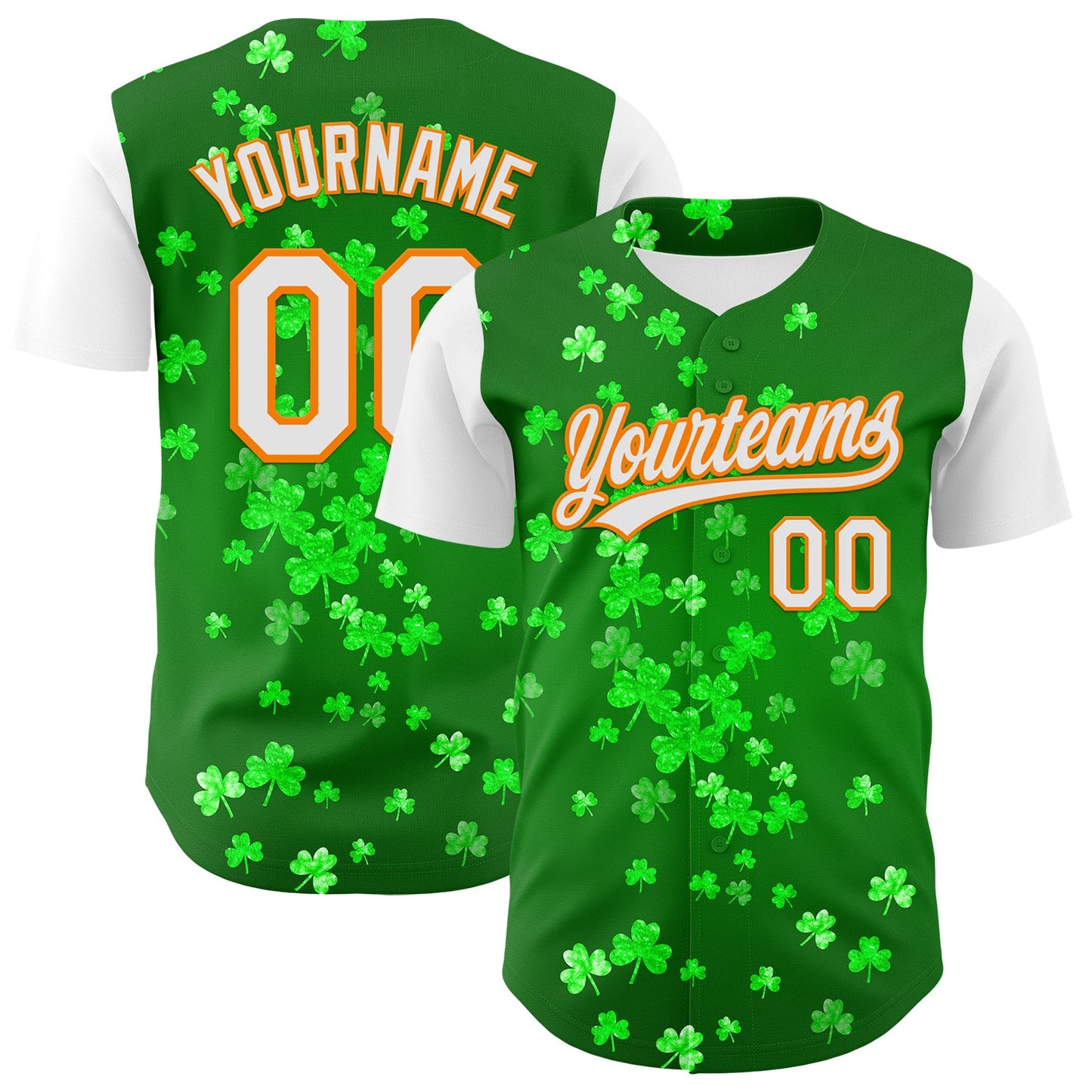 Custom Green White-Bay Orange 3D St. Patrick's Day Shamrock Authentic Baseball Jersey - Main View