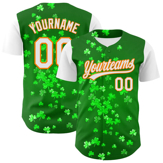 Custom Green White-Bay Orange 3D St. Patrick's Day Shamrock Authentic Baseball Jersey - Main View