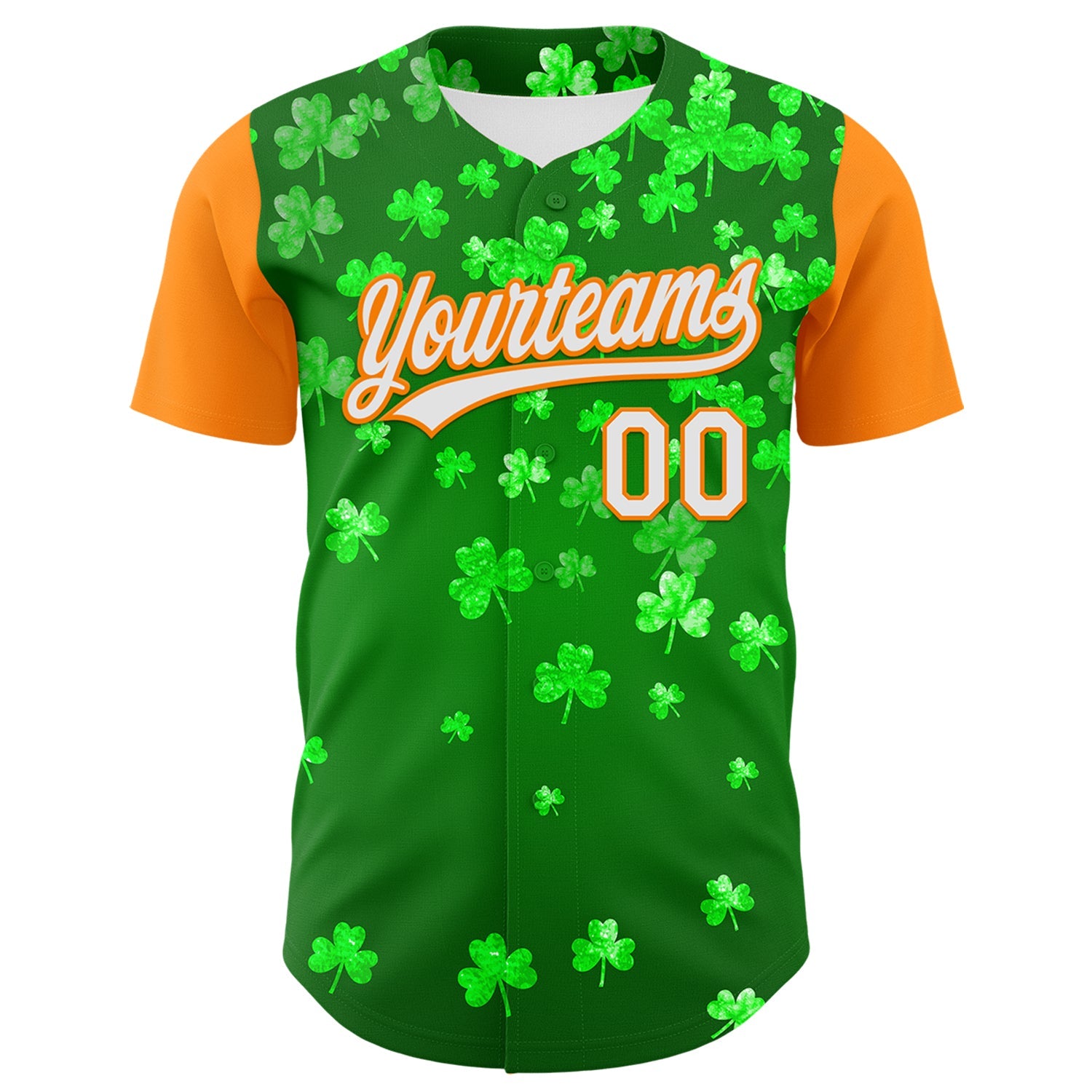 Custom Green White-Bay Orange 3D St. Patrick's Day Shamrock Authentic Baseball Jersey view 2