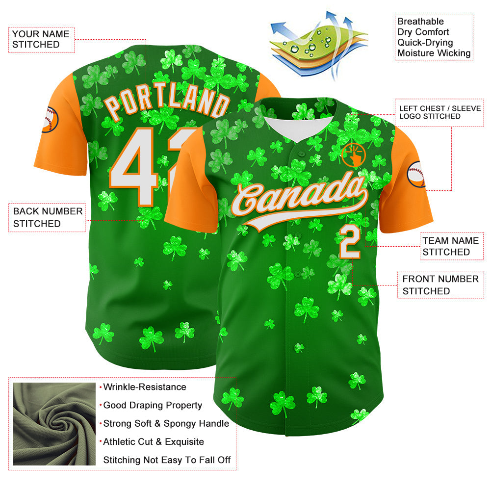 Custom Green White-Bay Orange 3D St. Patrick's Day Shamrock Authentic Baseball Jersey view 3