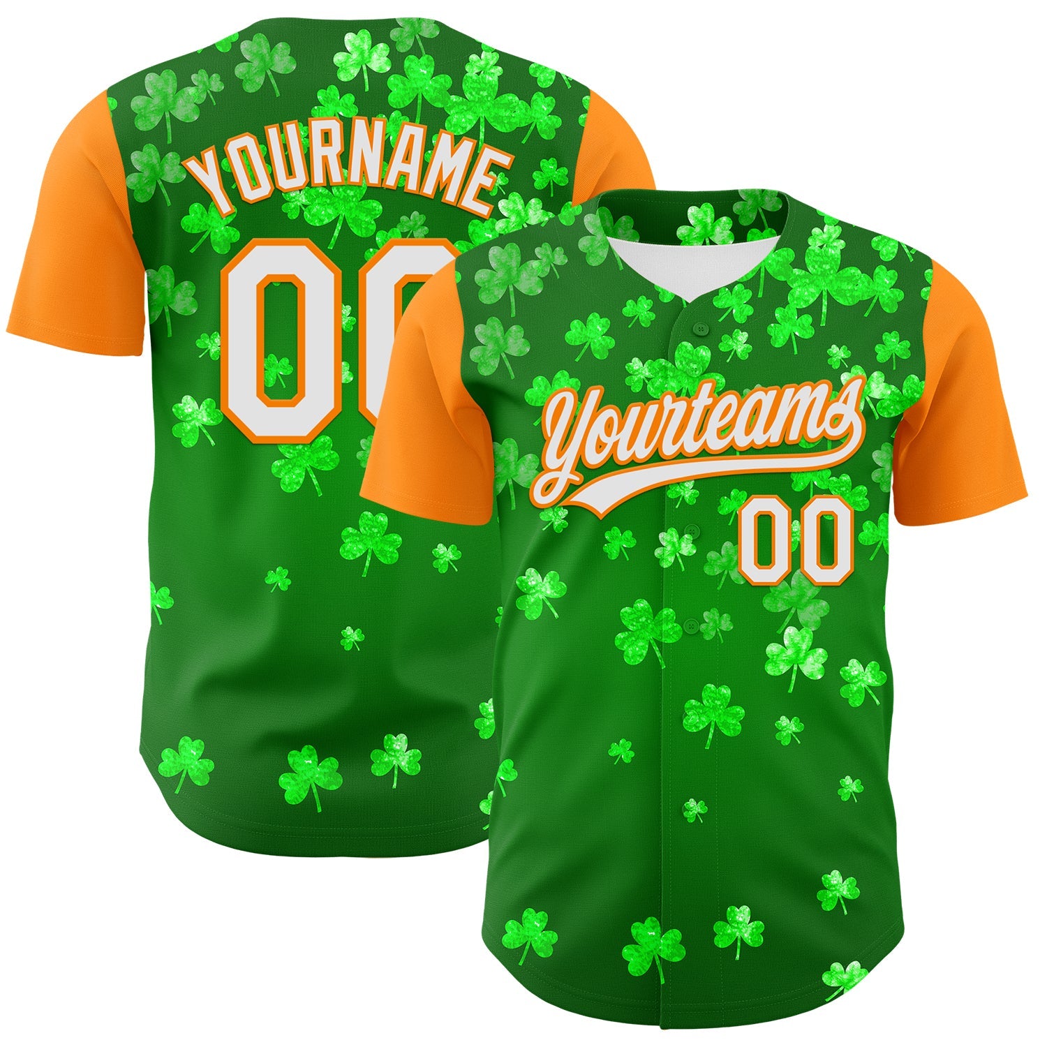 Custom Green White-Bay Orange 3D St. Patrick's Day Shamrock Authentic Baseball Jersey - Main View