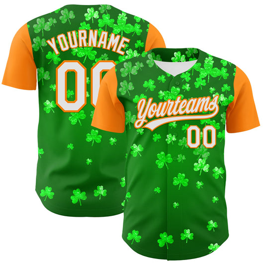 Custom Green White-Bay Orange 3D St. Patrick's Day Shamrock Authentic Baseball Jersey - Main View