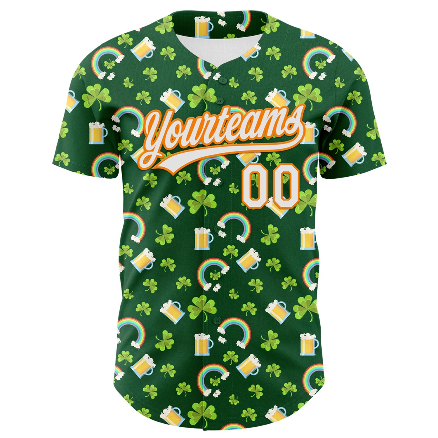 Custom Green White-Bay Orange 3D St. Patrick's Day Shamrock Beer Authentic Baseball Jersey view 2