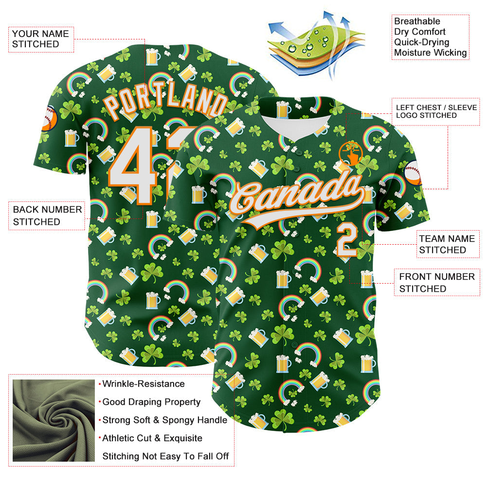 Custom Green White-Bay Orange 3D St. Patrick's Day Shamrock Beer Authentic Baseball Jersey view 3