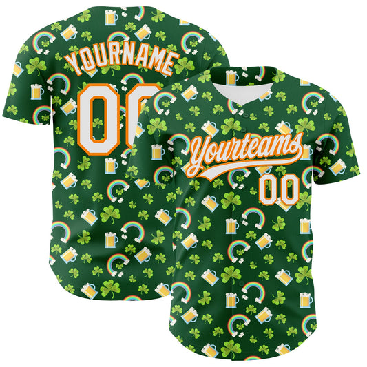 Custom Green White-Bay Orange 3D St. Patrick's Day Shamrock Beer Authentic Baseball Jersey - Main View