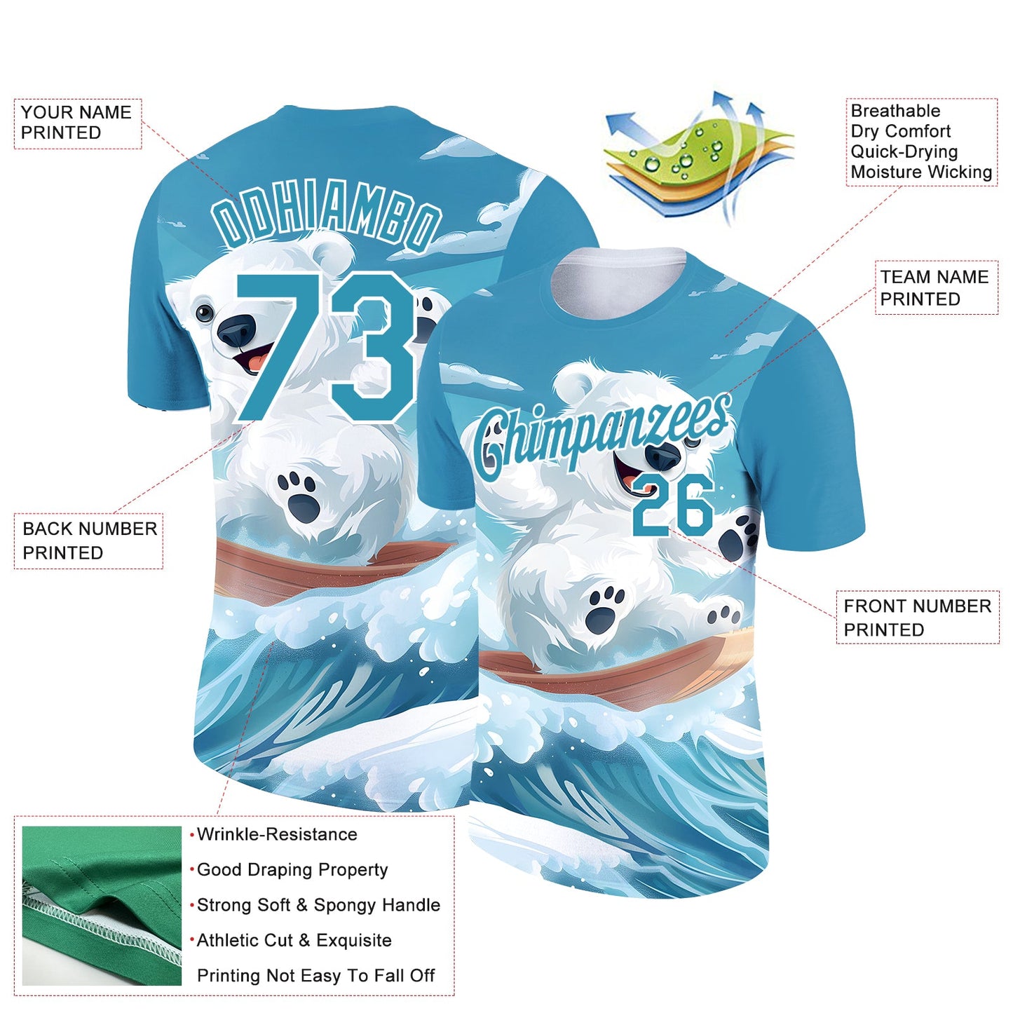 Custom Panther Blue White 3D Pattern Design Extreme Sport Cartoon Animal Bear Skiing Performance T-Shirt view 2