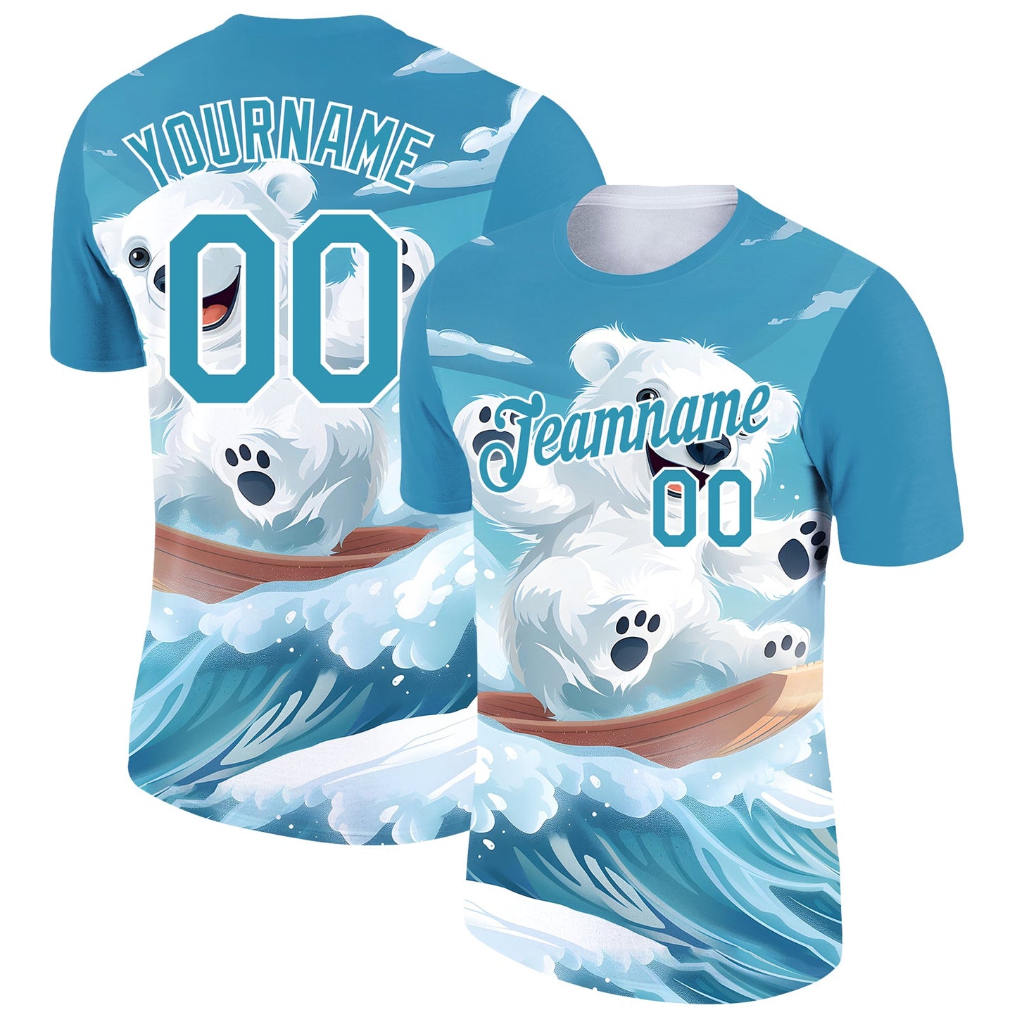 Custom Panther Blue White 3D Pattern Design Extreme Sport Cartoon Animal Bear Skiing Performance T-Shirt - Main View