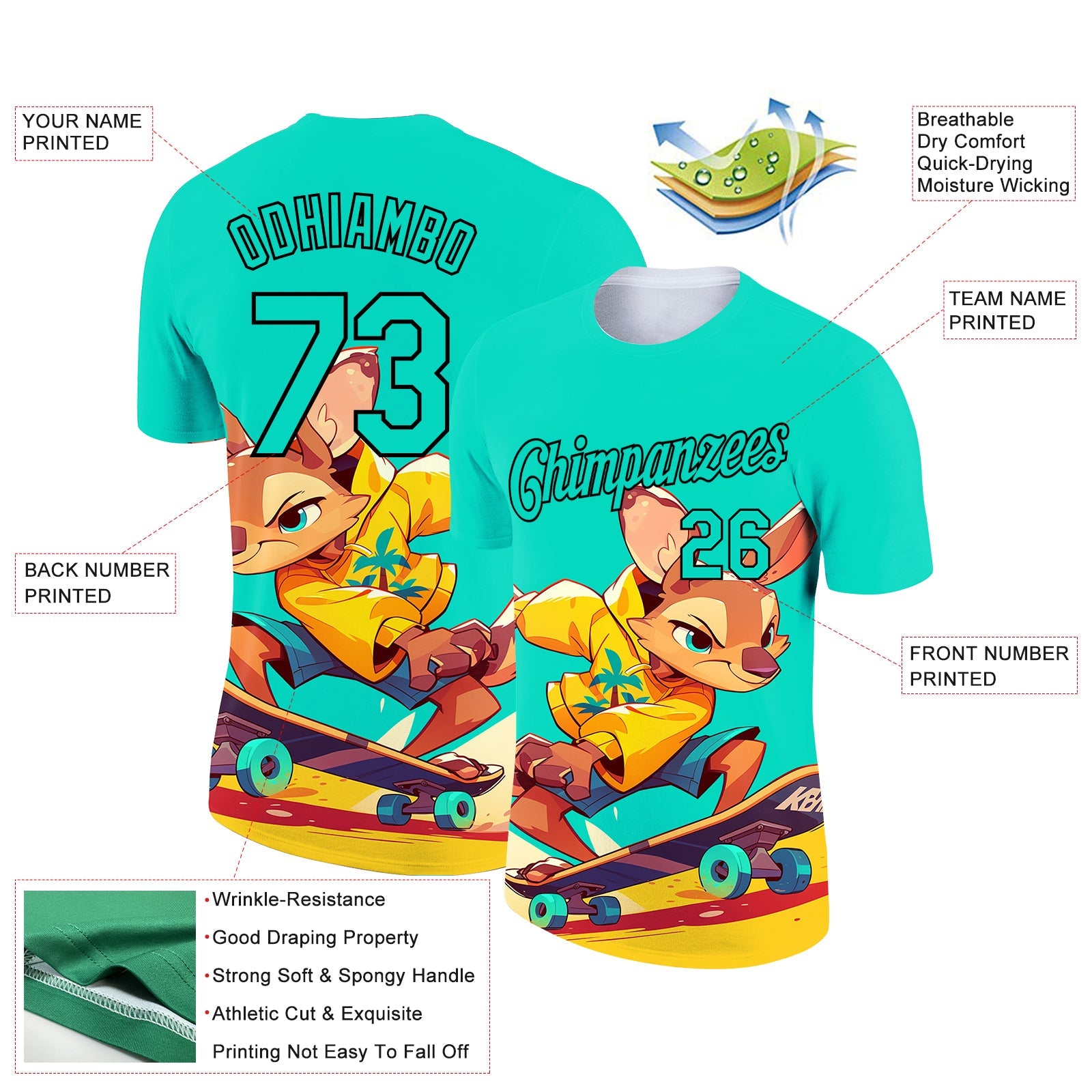 Custom Aqua Black 3D Pattern Design Extreme Sport Cartoon Animal Kangaroo Skateboarding Performance T-Shirt view 2