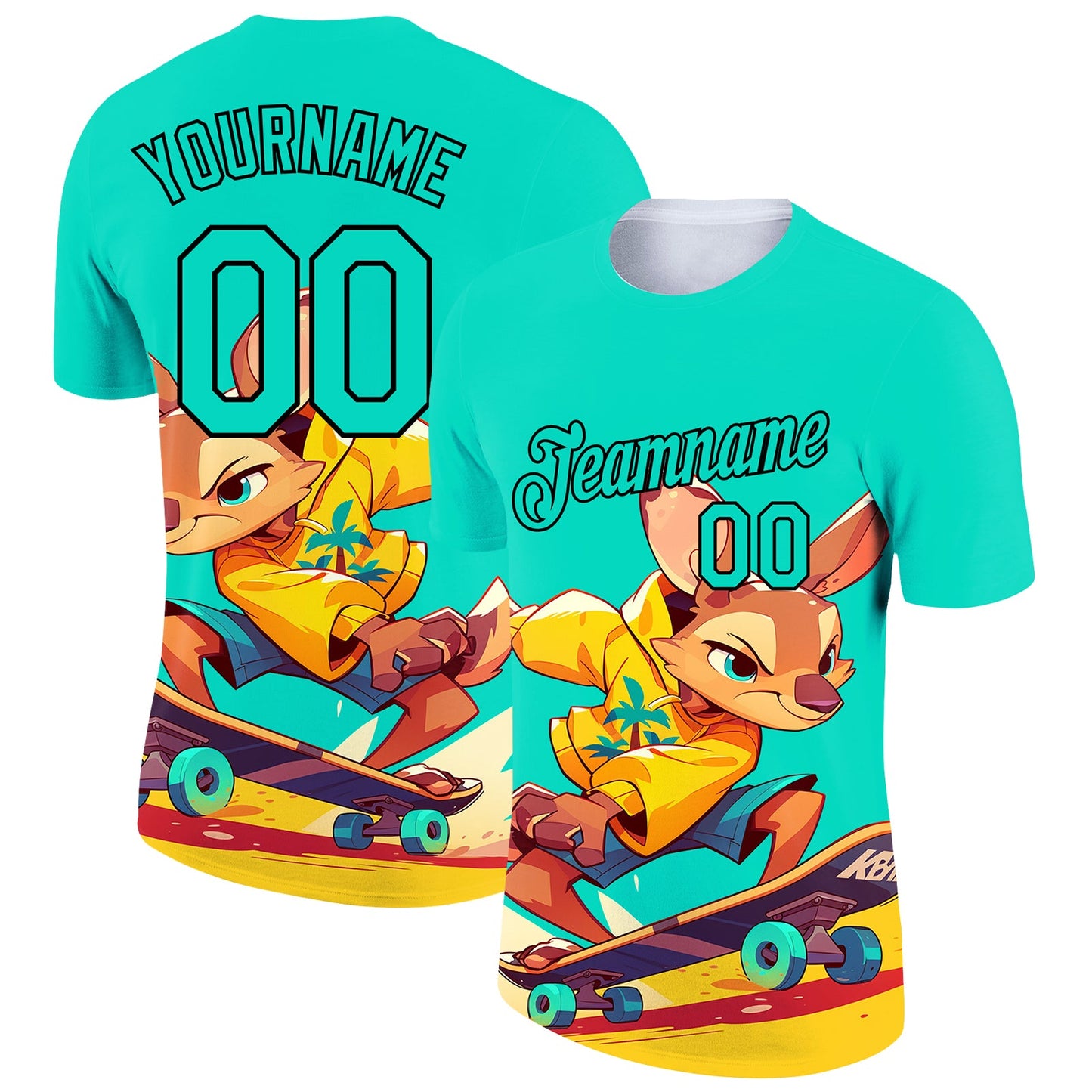 Custom Aqua Black 3D Pattern Design Extreme Sport Cartoon Animal Kangaroo Skateboarding Performance T-Shirt - Main View