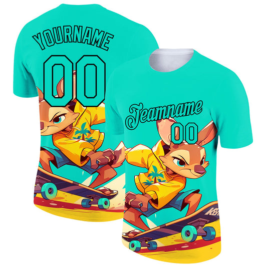 Custom Aqua Black 3D Pattern Design Extreme Sport Cartoon Animal Kangaroo Skateboarding Performance T-Shirt - Main View