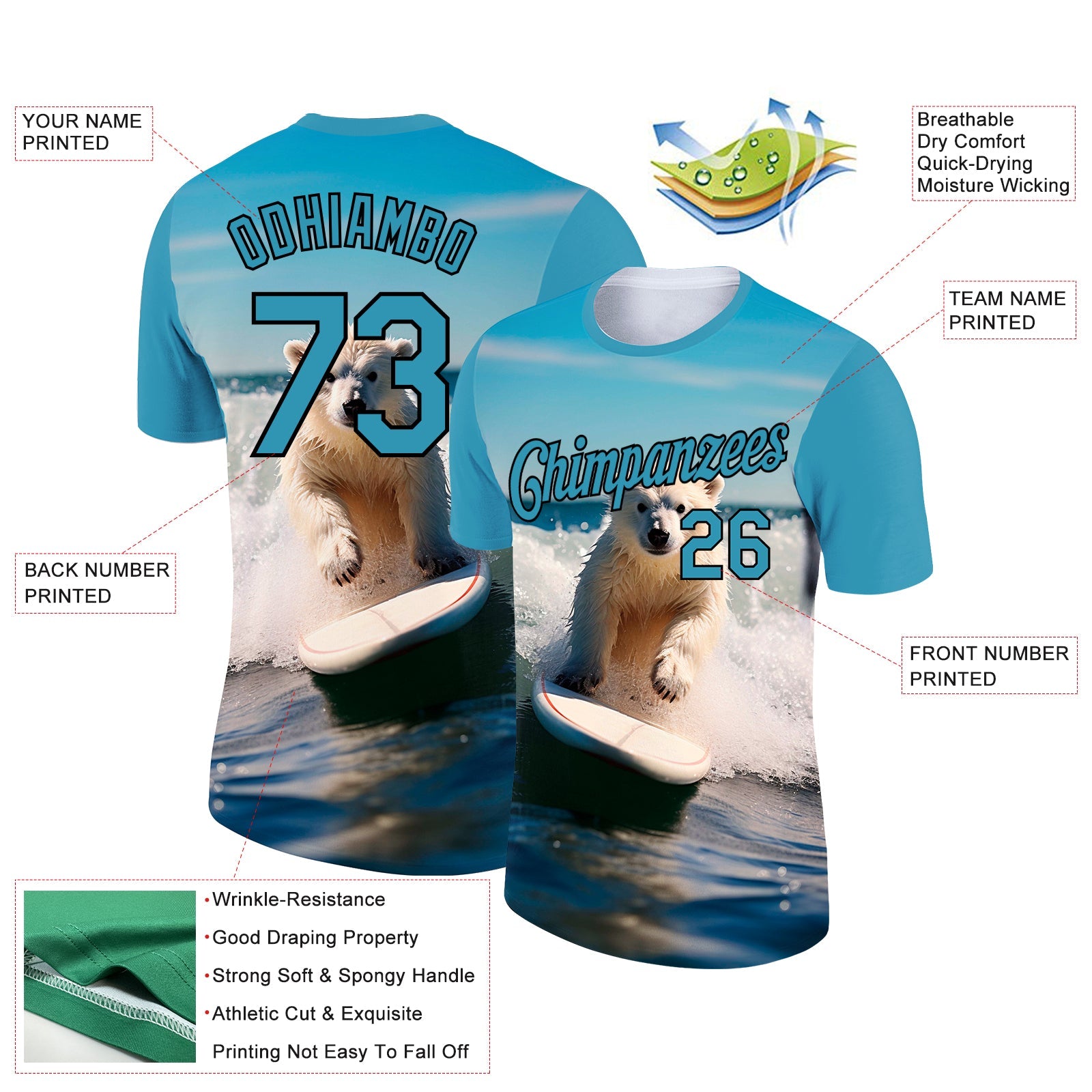 Custom Panther Blue Black 3D Pattern Design Extreme Sport Cartoon Animal Bear Surfing Performance T-Shirt view 2