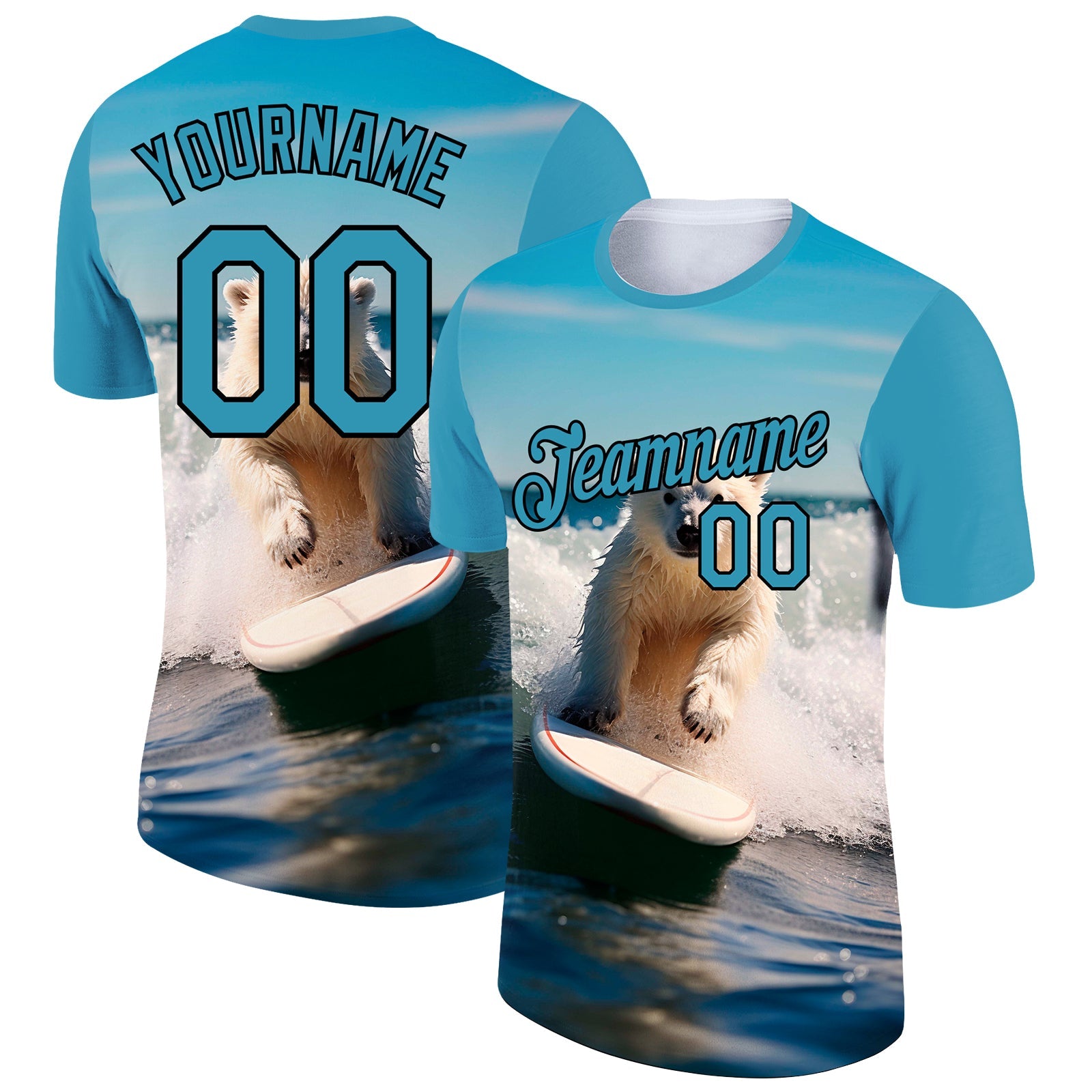 Custom Panther Blue Black 3D Pattern Design Extreme Sport Cartoon Animal Bear Surfing Performance T-Shirt - Main View