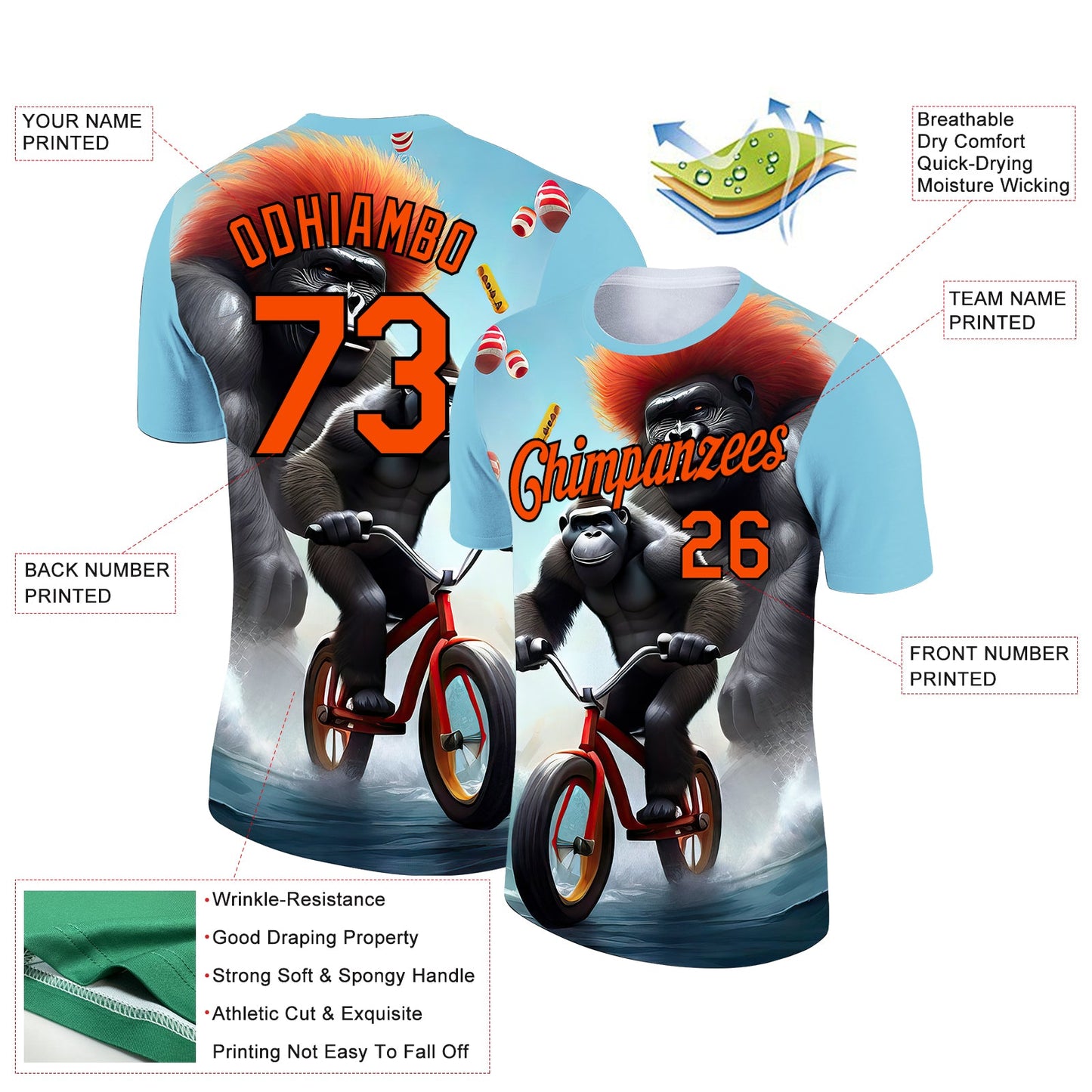 Custom Ice Blue Orange-Black 3D Pattern Design Extreme Sport Cartoon Animal Gorilla Riding Performance T-Shirt view 2
