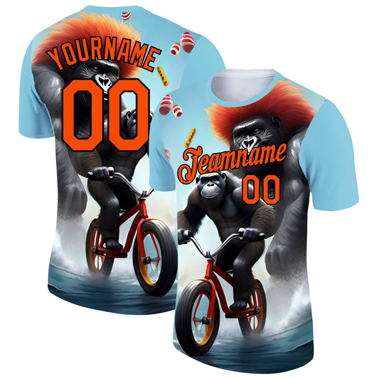 Custom Ice Blue Orange-Black 3D Pattern Design Extreme Sport Cartoon Animal Gorilla Riding Performance T-Shirt - Main View