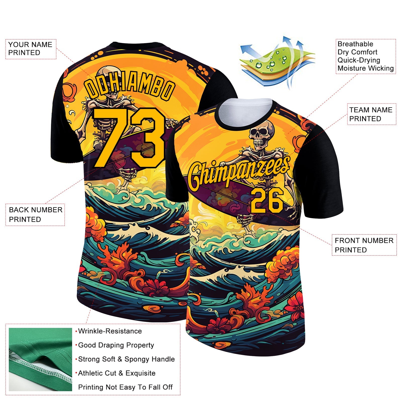 Custom Black Gold 3D Pattern Design Extreme Sport Skul Skiing Performance T-Shirt view 2
