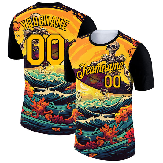 Custom Black Gold 3D Pattern Design Extreme Sport Skul Skiing Performance T-Shirt - Main View