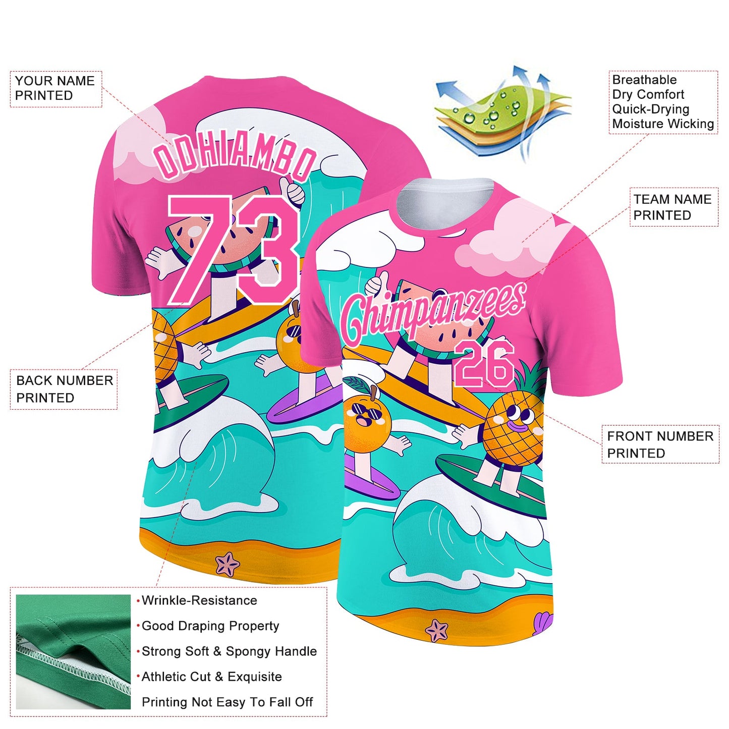 Custom Pink White 3D Pattern Design Extreme Sport Fruit Surfing Performance T-Shirt view 2