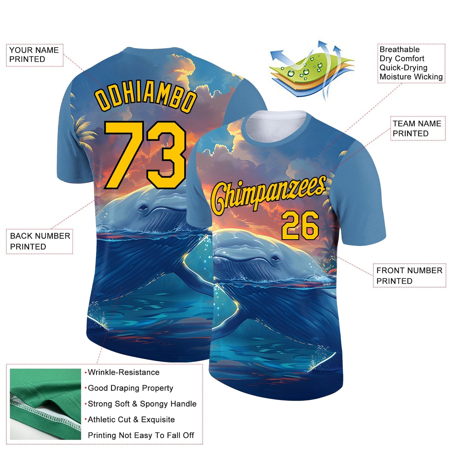 Custom Shadow Blue Gold-White 3D Pattern Design Extreme Sport Marine Aquatic Animal Whale Performance T-Shirt view 2