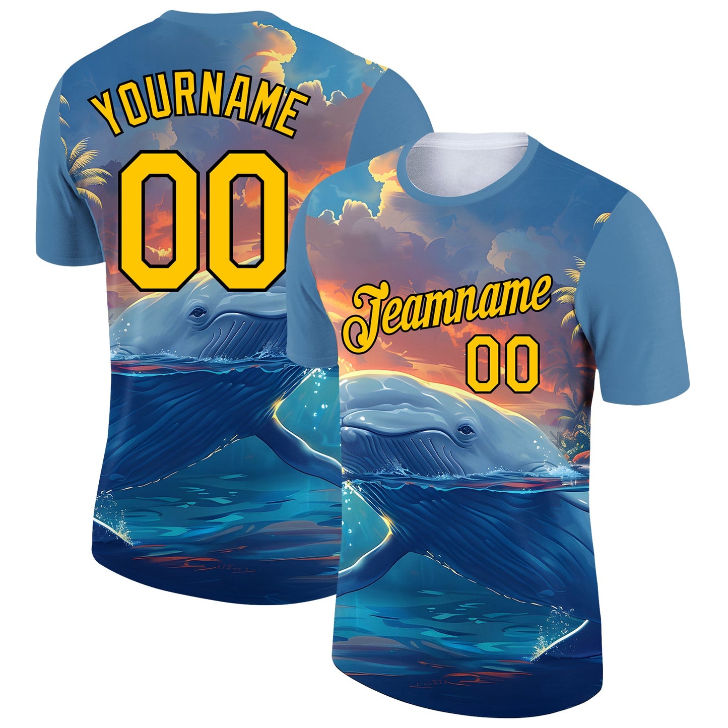 Custom Shadow Blue Gold-White 3D Pattern Design Extreme Sport Marine Aquatic Animal Whale Performance T-Shirt - Main View