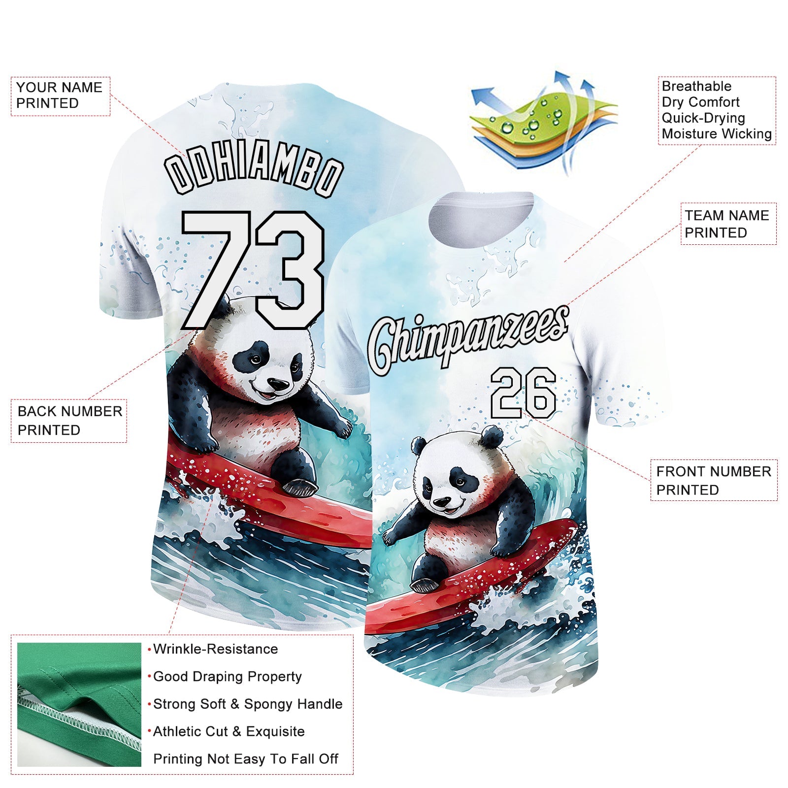 Custom White Black 3D Pattern Design Extreme Sport Cartoon Animal Panda Surfing Performance T-Shirt view 2