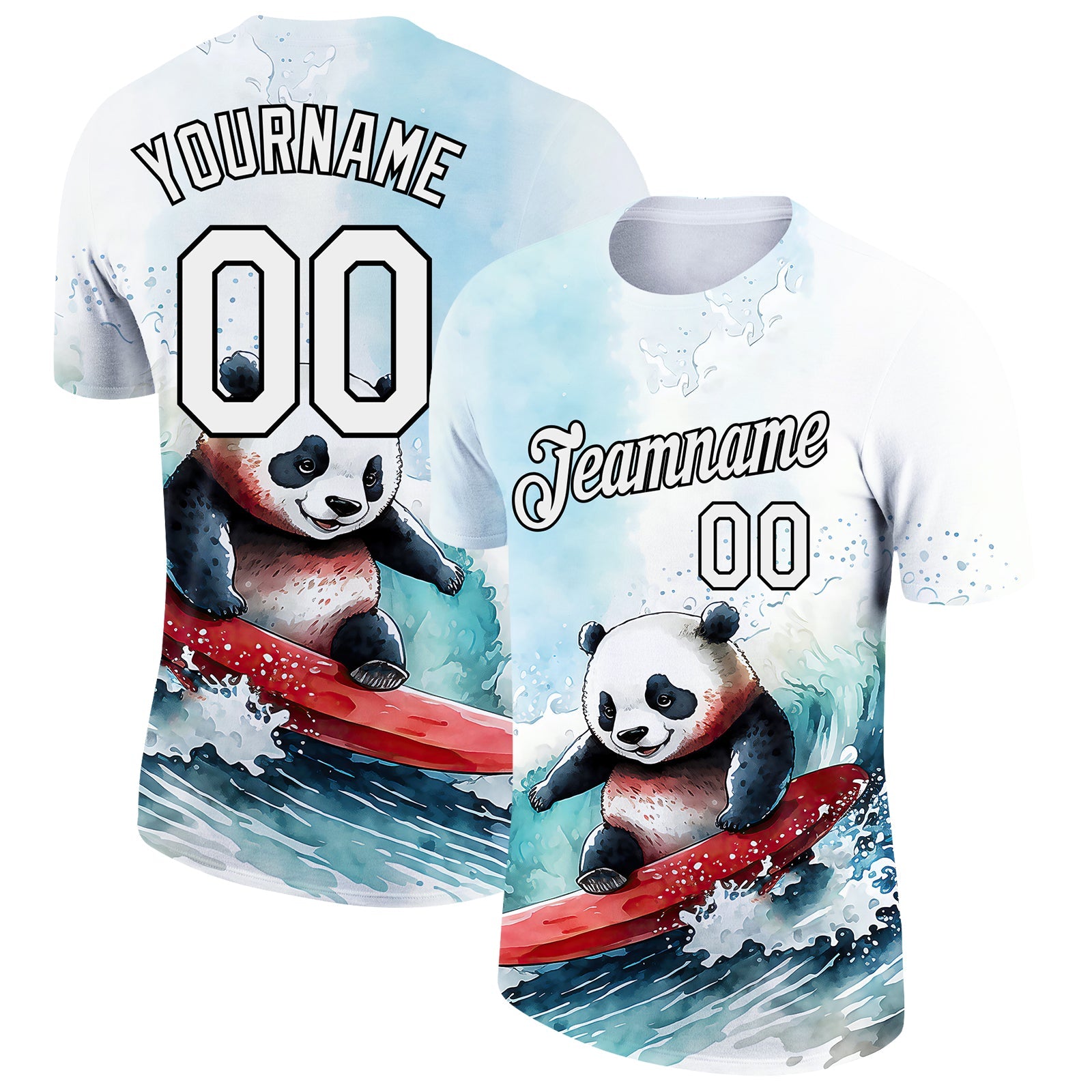 Custom White Black 3D Pattern Design Extreme Sport Cartoon Animal Panda Surfing Performance T-Shirt - Main View