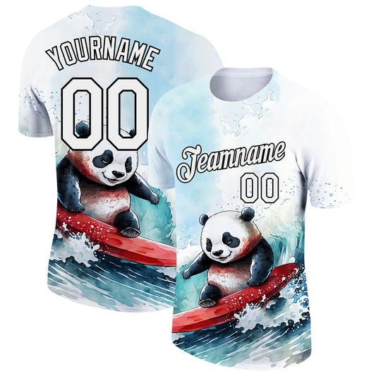 Custom White Black 3D Pattern Design Extreme Sport Cartoon Animal Panda Surfing Performance T-Shirt - Main View