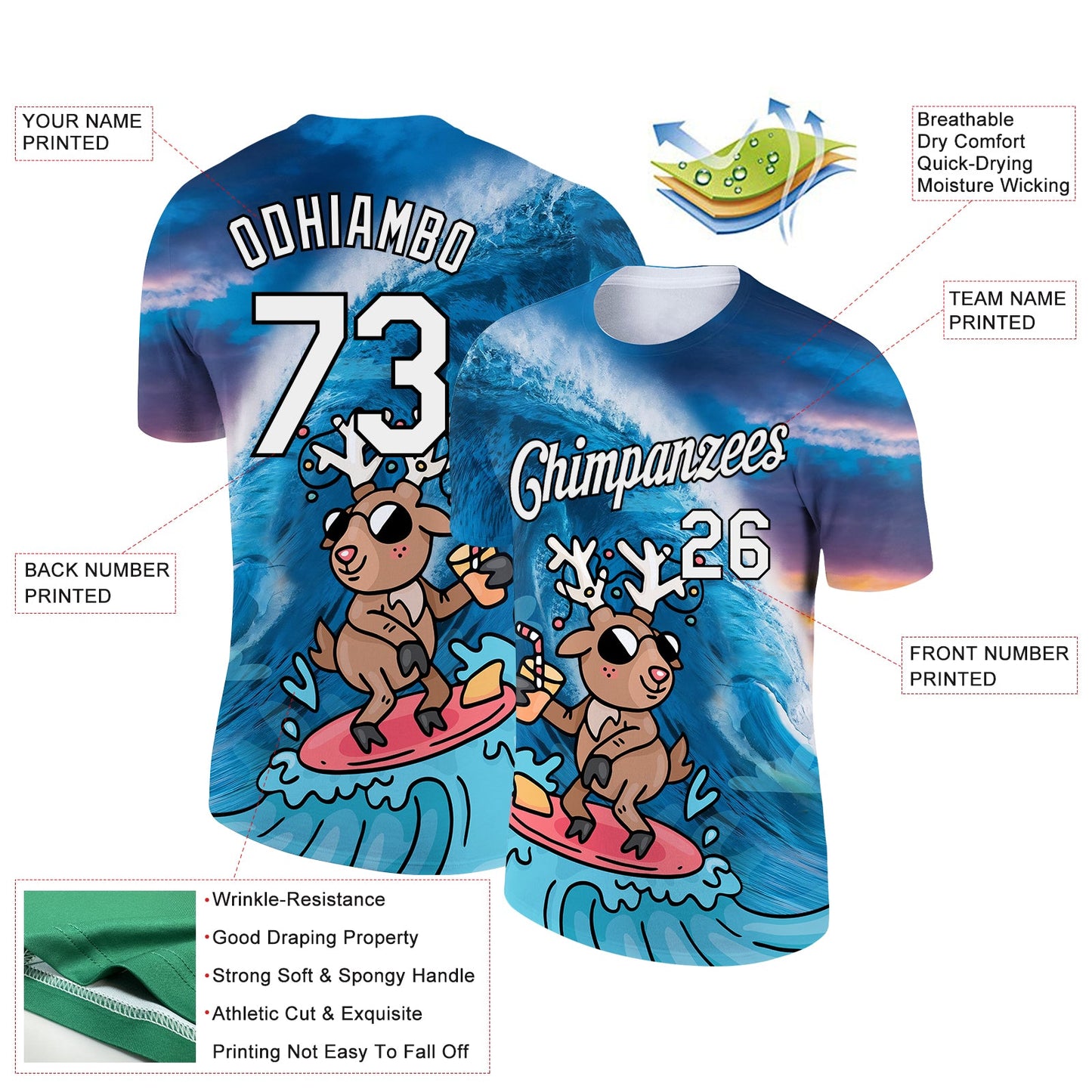 Custom Blue White-Black 3D Pattern Design Extreme Sport Cartoon Animal Deer Surfing Performance T-Shirt view 2